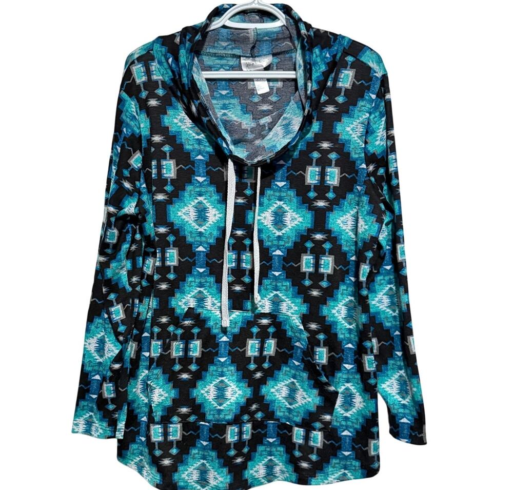Just Be Women's Aztec Turquoise Black Cowl Neck Pullover Long Sleeve Shirt 2X